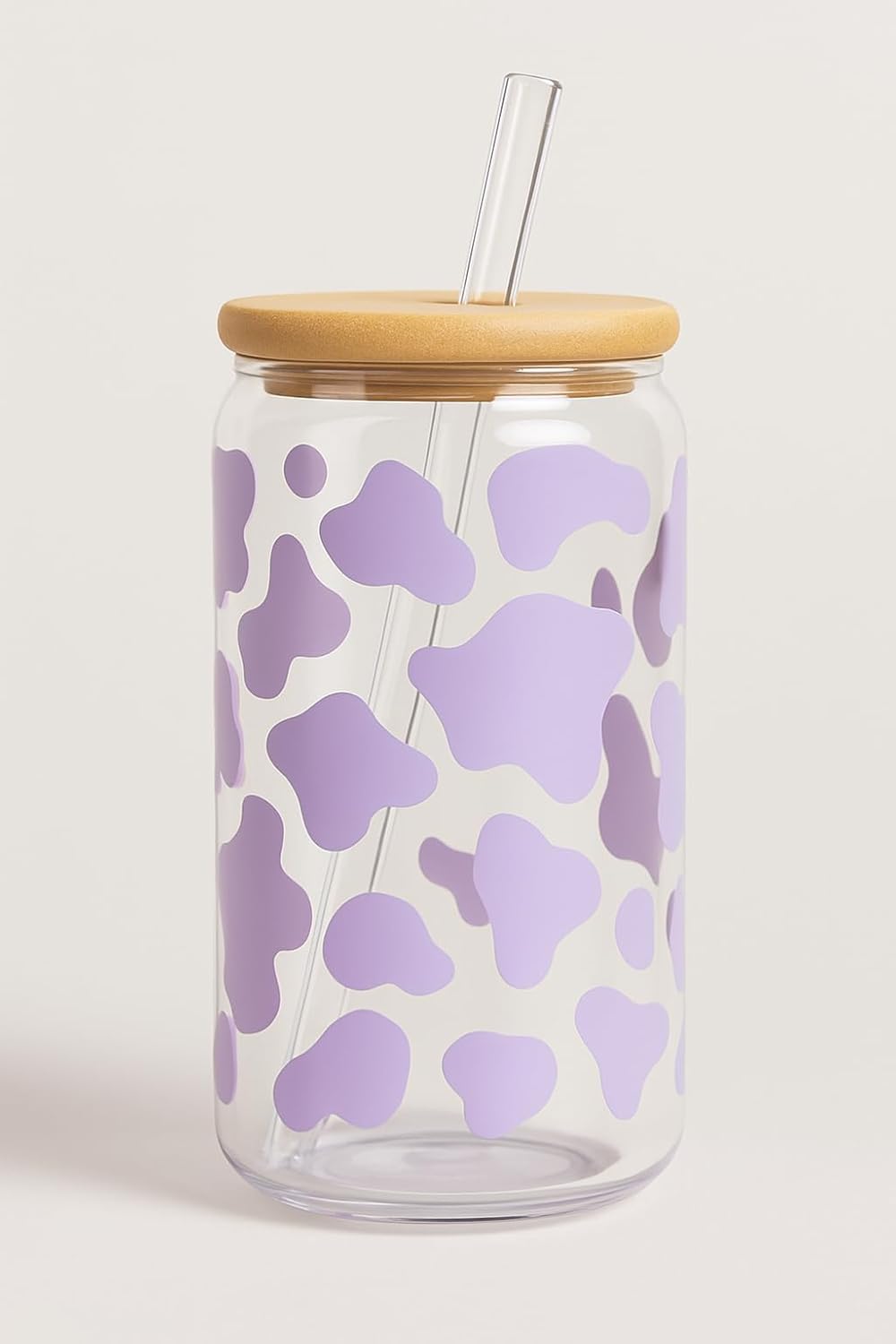 Cow Print 16oz Iced Coffee Glass Cup with Bamboo Lid & Reusable Straw