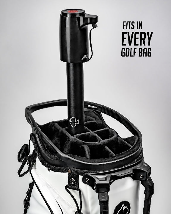 Black LiquorStick® 3.0 golf drink dispenser featuring a 750ml stainless steel reservoir, USB-C rechargeable automatic pump, insulated construction, and ground spike.