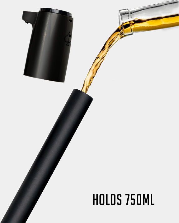 Black LiquorStick® 3.0 golf drink dispenser featuring a 750ml stainless steel reservoir, USB-C rechargeable automatic pump, insulated construction, and ground spike.