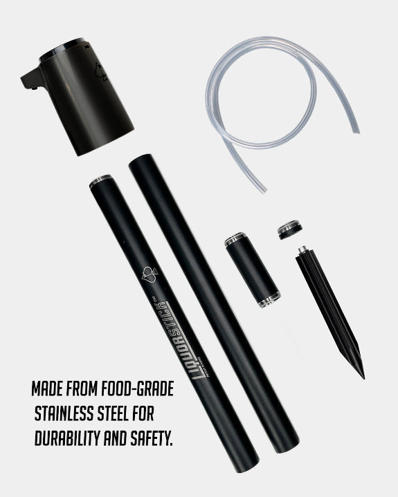 Black LiquorStick® 3.0 golf drink dispenser featuring a 750ml stainless steel reservoir, USB-C rechargeable automatic pump, insulated construction, and ground spike.