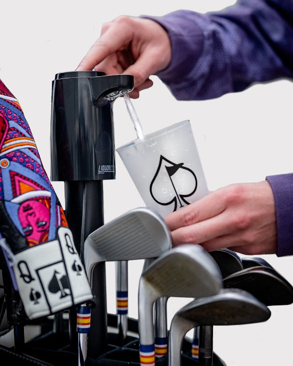 Black LiquorStick® 3.0 golf drink dispenser featuring a 750ml stainless steel reservoir, USB-C rechargeable automatic pump, insulated construction, and ground spike.