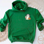 Little Ghost Iced Coffee Halloween hoodie featuring a cute ghost holding an iced coffee on a cozy classic-fit graphic sweatshirt in Irish Green