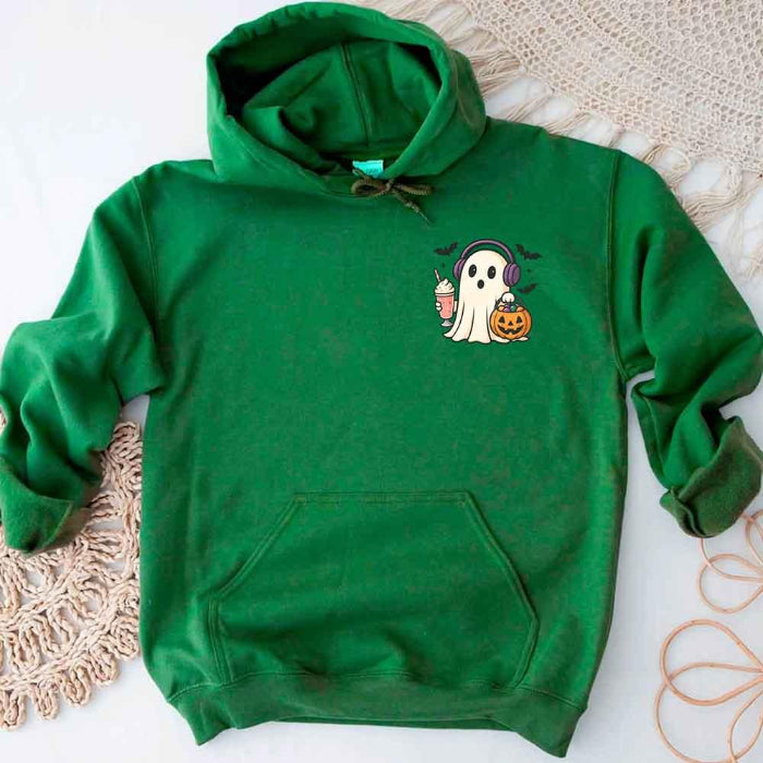 Little Ghost Iced Coffee Halloween hoodie featuring a cute ghost holding an iced coffee on a cozy classic-fit graphic sweatshirt in Irish Green