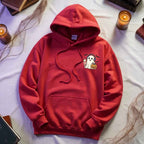 Little Ghost Iced Coffee Halloween hoodie featuring a cute ghost holding an iced coffee on a cozy classic-fit graphic sweatshirt in Red