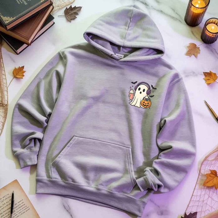 Little Ghost Iced Coffee Halloween hoodie featuring a cute ghost holding an iced coffee on a cozy classic-fit graphic sweatshirt in Grey