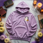 Little Ghost Iced Coffee Halloween hoodie featuring a cute ghost holding an iced coffee on a cozy classic-fit graphic sweatshirt in Violet