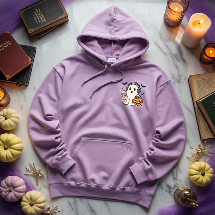 Little Ghost Iced Coffee Halloween hoodie featuring a cute ghost holding an iced coffee on a cozy classic-fit graphic sweatshirt in Violet