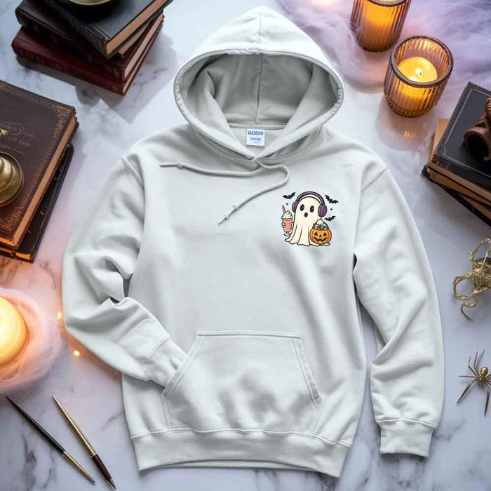 Little Ghost Iced Coffee Halloween hoodie featuring a cute ghost holding an iced coffee on a cozy classic-fit graphic sweatshirt in White