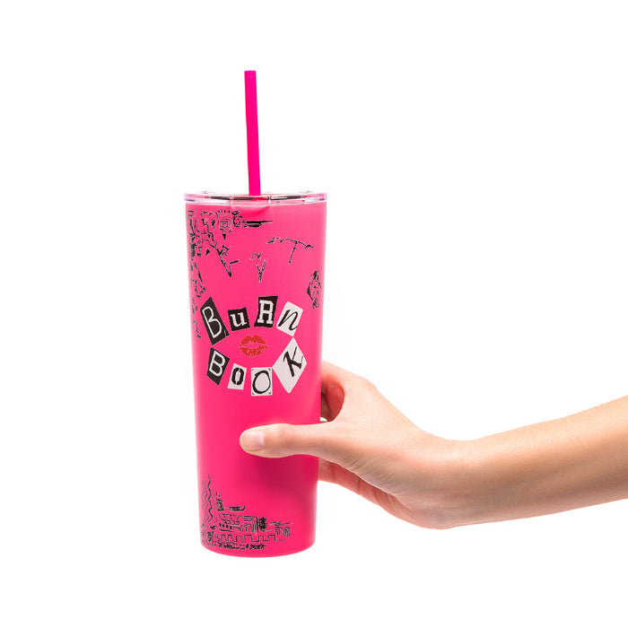 Officially licensed Mean Girls Burn Book 24-ounce insulated stainless steel tumbler with removable lid and two reusable straws.