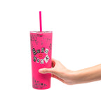 Officially licensed Mean Girls Burn Book 24-ounce insulated stainless steel tumbler with removable lid and two reusable straws.