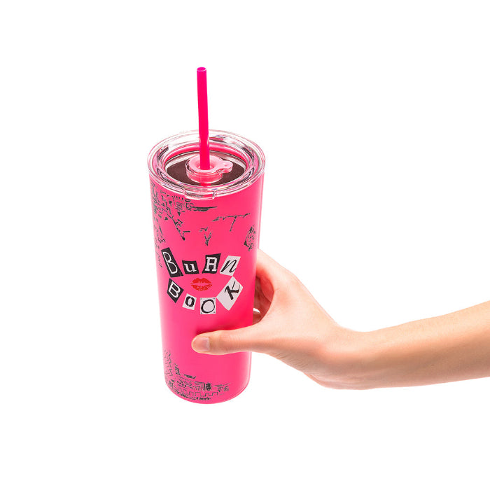 Officially licensed Mean Girls Burn Book 24-ounce insulated stainless steel tumbler with removable lid and two reusable straws.