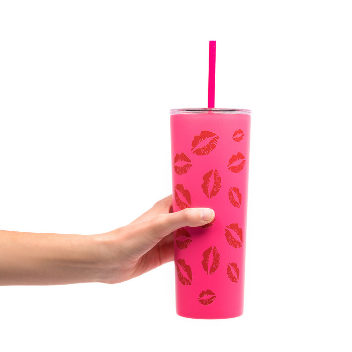 Officially licensed Mean Girls Burn Book 24-ounce insulated stainless steel tumbler with removable lid and two reusable straws.