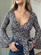 Woodstock Floral Bell Sleeve Wrap Top – Boho V Neck Blouse - 14 Color Options