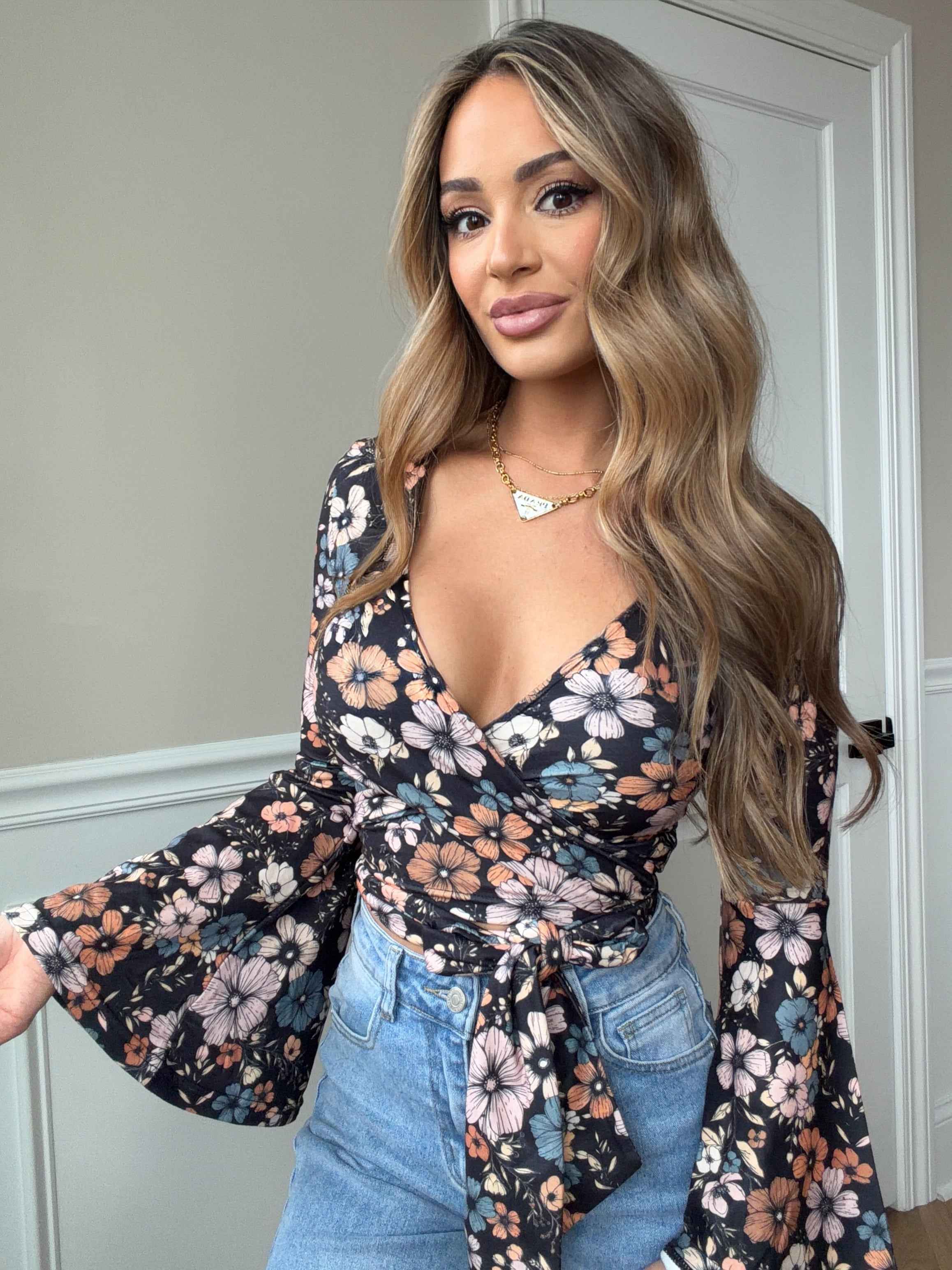 Woodstock Floral Bell Sleeve Wrap Top – Boho V Neck Blouse - 14 Color Options