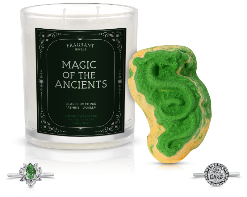Magic of the Ancients Candle & Bath Bomb Gift Set with Surprise Ring | Fragrant Jewels