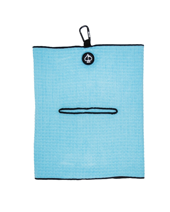Sky blue Pins & Aces magnetic golf towel featuring waffle-knit fabric, a strong built-in magnet, center slit, and carabiner for attaching to a golf bag.