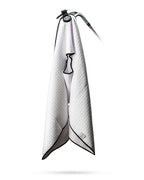 White Pins & Aces magnetic golf towel featuring durable waffle-knit fabric, a strong built-in magnet, center slit, and carabiner for attaching to a golf bag.