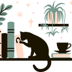 Bookish drinkware featuring a cozy wraparound bookshelf design with books, a curious kitty, and trailing green plants, available in glass cups, tumblers, and ceramic mugs.