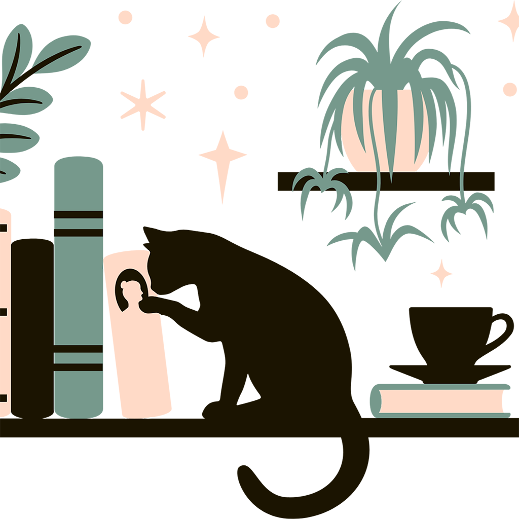 Bookish drinkware featuring a cozy wraparound bookshelf design with books, a curious kitty, and trailing green plants, available in glass cups, tumblers, and ceramic mugs.