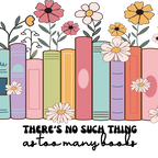 Clear glass cup with bamboo lid and straw featuring colorful pastel books surrounded by pink, yellow and white wildflowers with “There’s No Such Thing as Too Many Books” lettering.