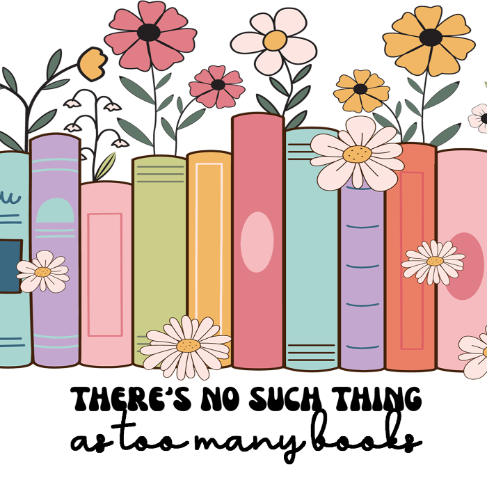 Clear glass cup with bamboo lid and straw featuring colorful pastel books surrounded by pink, yellow and white wildflowers with “There’s No Such Thing as Too Many Books” lettering.
