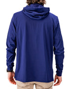 Men’s navy performance golf hoodie by Pins & Aces featuring a lightweight long-sleeve design, lay-flat hood, embroidered spade chest logo, and relaxed athletic fit.