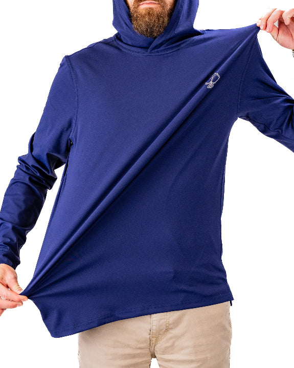 Men’s navy performance golf hoodie by Pins & Aces featuring a lightweight long-sleeve design, lay-flat hood, embroidered spade chest logo, and relaxed athletic fit.