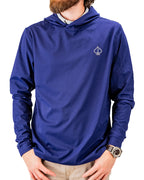 Men’s navy performance golf hoodie by Pins & Aces featuring a lightweight long-sleeve design, lay-flat hood, embroidered spade chest logo, and relaxed athletic fit.