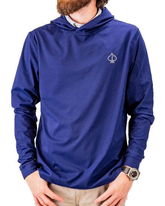 Men’s navy performance golf hoodie by Pins & Aces featuring a lightweight long-sleeve design, lay-flat hood, embroidered spade chest logo, and relaxed athletic fit.