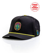 Cactus Black perforated rope golf hat by Pins & Aces featuring a cactus-inspired design, adjustable snapback, built-in magnetic ball marker holder, and matching golf ball marker.