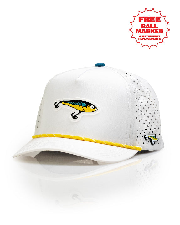 White Pins & Aces Fishing Lure perforated rope golf hat with fishing-inspired design, adjustable snapback, magnetic ball marker holder, and matching golf ball marker.