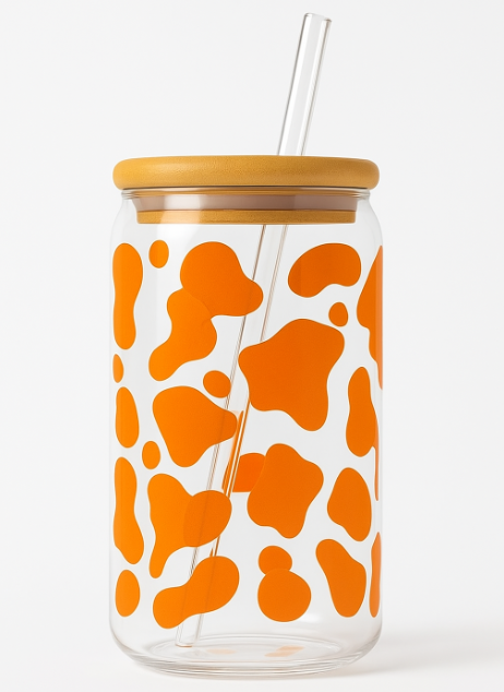 Cow Print 16oz Iced Coffee Glass Cup with Bamboo Lid & Reusable Straw