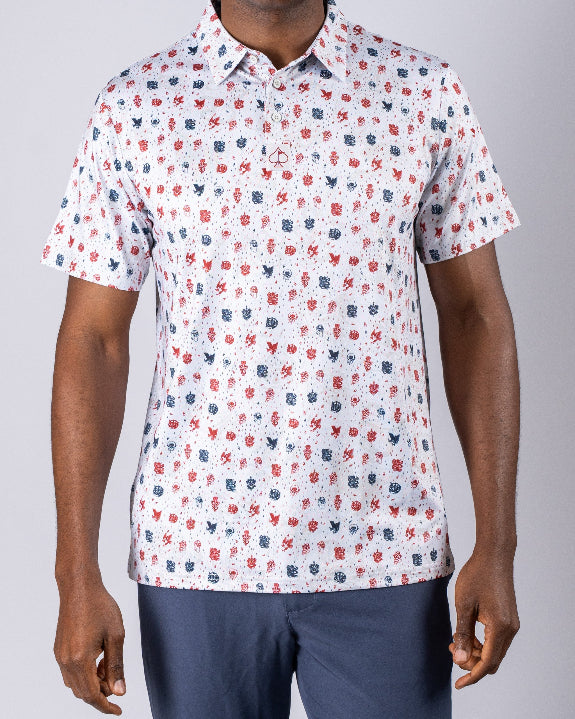 Pins & Aces American Traditional men’s golf polo featuring a bold patriotic Americana and classic tattoo flash-inspired design with an athletic performance fit.