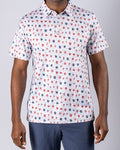 Pins & Aces American Traditional men’s golf polo featuring a bold patriotic Americana and classic tattoo flash-inspired design with an athletic performance fit.