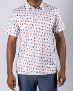 Pins & Aces American Traditional men’s golf polo featuring a bold patriotic Americana and classic tattoo flash-inspired design with an athletic performance fit.