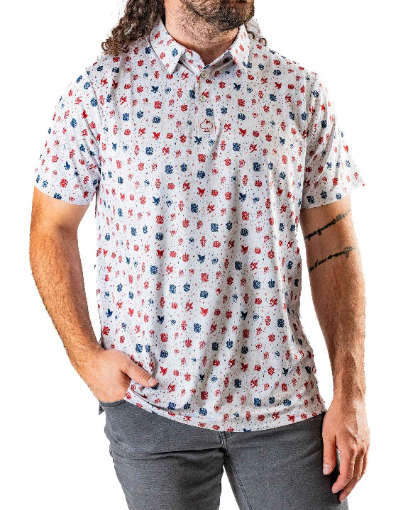 Pins & Aces American Traditional men’s golf polo featuring a bold patriotic Americana and classic tattoo flash-inspired design with an athletic performance fit.