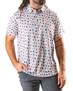 Pins & Aces American Traditional men’s golf polo featuring a bold patriotic Americana and classic tattoo flash-inspired design with an athletic performance fit.