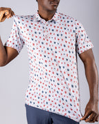 Pins & Aces American Traditional men’s golf polo featuring a bold patriotic Americana and classic tattoo flash-inspired design with an athletic performance fit.