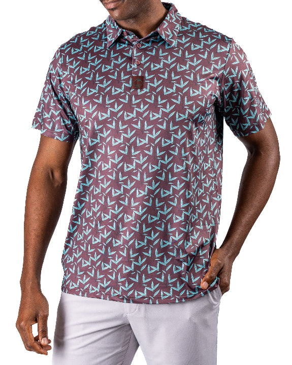 Men’s Cocoa Verde golf polo by Pins & Aces featuring a cocoa brown background with an all-over teal geometric print, short sleeves, and athletic performance fit.