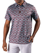 Men’s Cocoa Verde golf polo by Pins & Aces featuring a cocoa brown background with an all-over teal geometric print, short sleeves, and athletic performance fit.