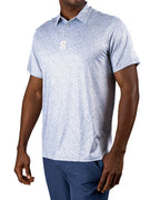 Men’s Man’s Best Friend Light golf polo by Pins & Aces featuring a subtle dog-inspired micro print in light blue and white with short sleeves and an athletic performance fit.