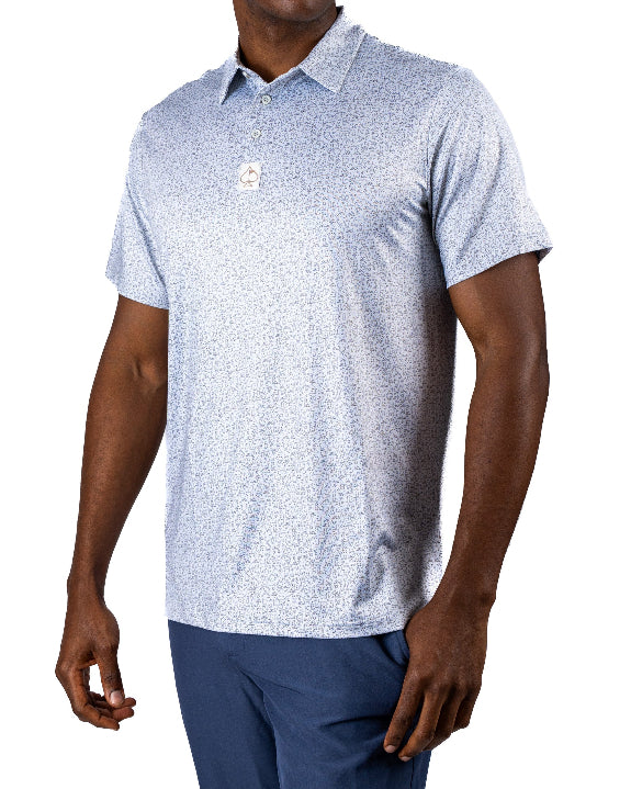 Men’s Man’s Best Friend Light golf polo by Pins & Aces featuring a subtle dog-inspired micro print in light blue and white with short sleeves and an athletic performance fit.