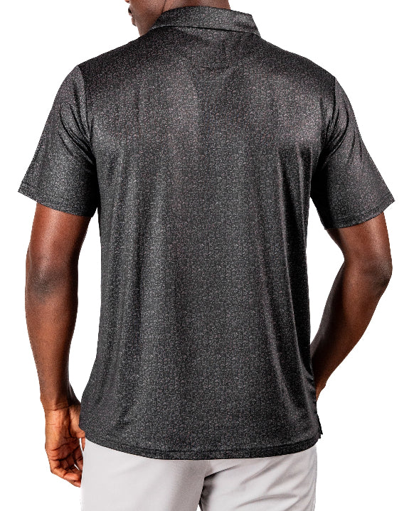 Men’s Man’s Best Friend Dark golf polo by Pins & Aces featuring a subtle dog-inspired pattern on a dark charcoal performance polo with short sleeves and athletic fit.
