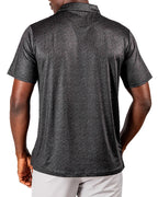 Men’s Man’s Best Friend Dark golf polo by Pins & Aces featuring a subtle dog-inspired pattern on a dark charcoal performance polo with short sleeves and athletic fit.