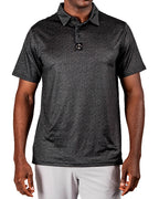 Men’s Man’s Best Friend Dark golf polo by Pins & Aces featuring a subtle dog-inspired pattern on a dark charcoal performance polo with short sleeves and athletic fit.