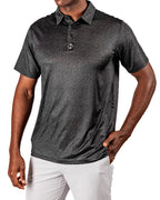 Men’s Man’s Best Friend Dark golf polo by Pins & Aces featuring a subtle dog-inspired pattern on a dark charcoal performance polo with short sleeves and athletic fit.