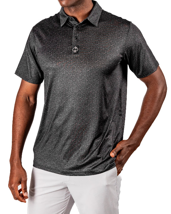 Men’s Man’s Best Friend Dark golf polo by Pins & Aces featuring a subtle dog-inspired pattern on a dark charcoal performance polo with short sleeves and athletic fit.