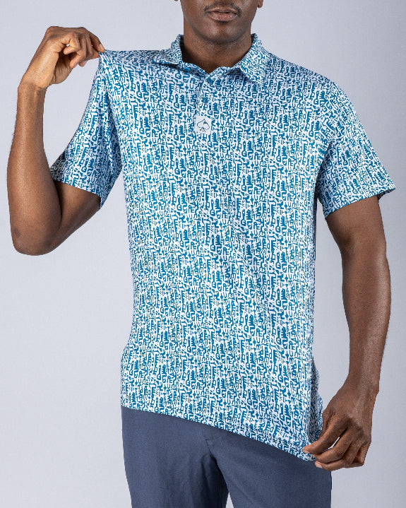 Men’s Maze Craze golf polo by Pins & Aces featuring an all-over blue maze-inspired geometric pattern with short sleeves and an athletic performance fit.