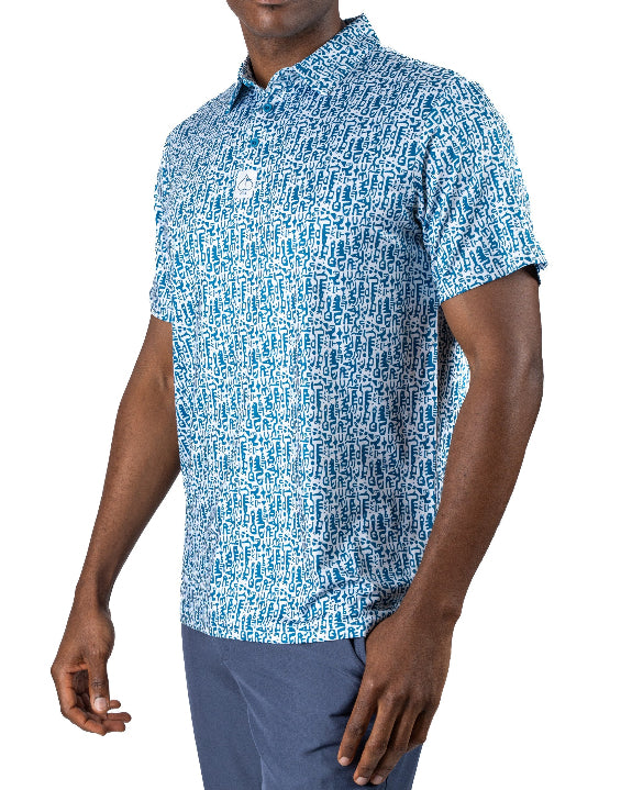 Men’s Maze Craze golf polo by Pins & Aces featuring an all-over blue maze-inspired geometric pattern with short sleeves and an athletic performance fit.