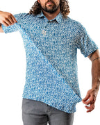 Men’s Maze Craze golf polo by Pins & Aces featuring an all-over blue maze-inspired geometric pattern with short sleeves and an athletic performance fit.